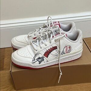 Adidas White Sneakers with Red and Black Graphic